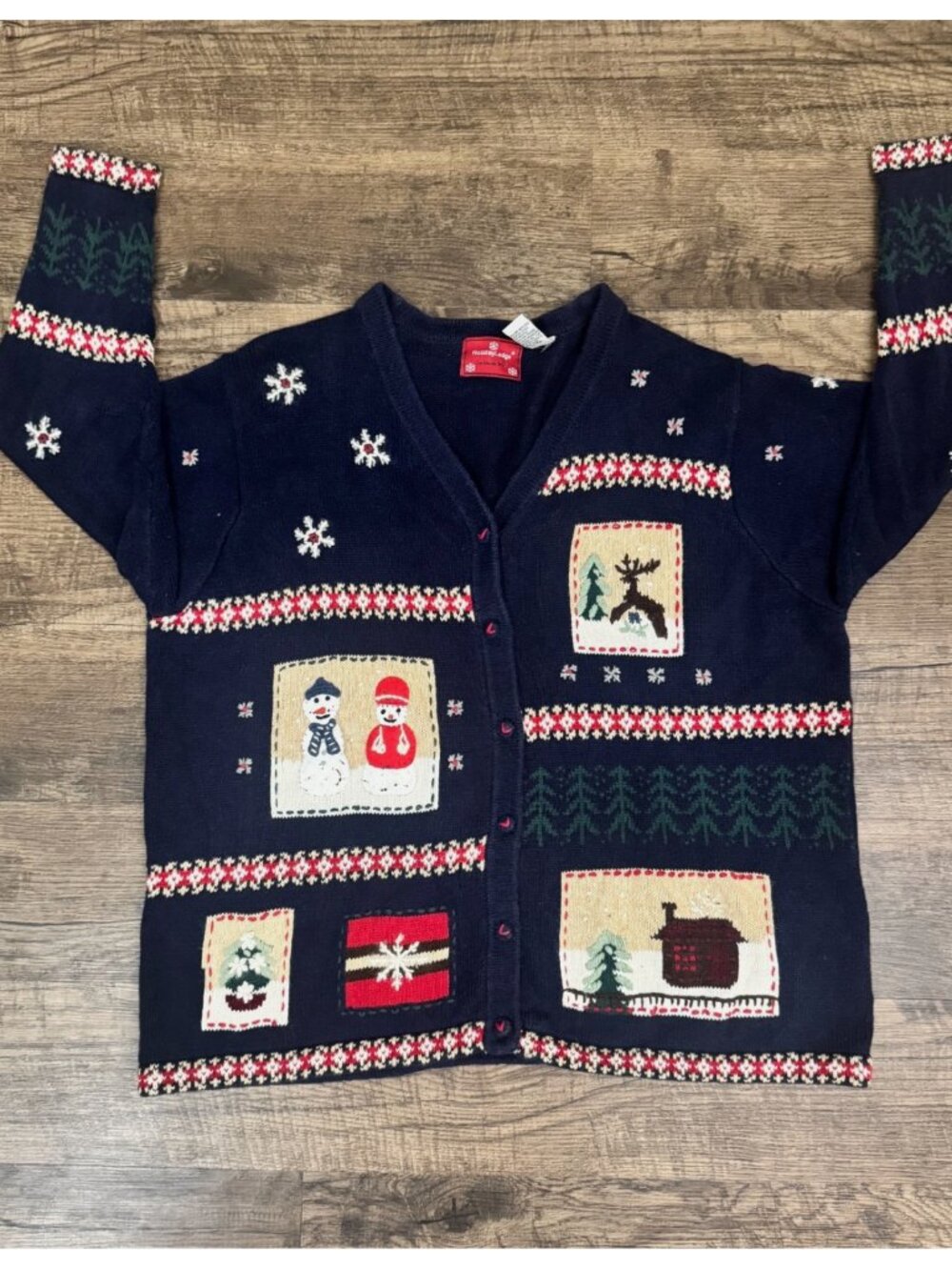 Holiday Lodge Ugly Christmas Sweater Button Front Long Sleeve Blue 3X 22/24W